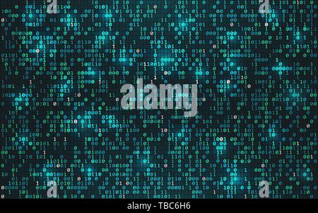 Abstract binary code background. Digital data concept. Bright streaming digits with lights on dark backdrop. Futuristic technology wallpaper. Vector i Stock Vector