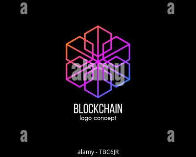 Blockchain logo concept. Modern technology design. Color cube logotype. Cryptocurrency and bitcoin label. Digital money icon. Vector illustration. Stock Vector