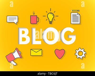 Blog concept on yellow background. Business blogging for website, banner, poster. Modern layers design. Sign with icons on bright backdrop. Vector ill Stock Vector