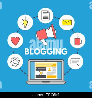 Blogging concept on blue background. Laptop and social media icons. Linear style design. Web sharing concept. Trendy vector illustration. Stock Vector
