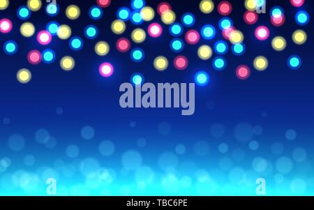 Christmas bokeh background. Color defocused lights on blue backdrop. Abstract shining circles. Unfocused soft glow. Happy New Year concept. Vector ill Stock Vector