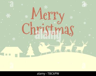 Merry Christmas card. Retro style concept. Happy New Year design. Winter landscape and Santa Claus. House and Christmas tree. Vector illustration. Stock Vector