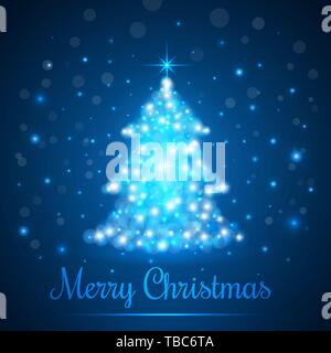 Shining Christmas Tree on Blue Background with Lights. Vector illustration. Stock Vector