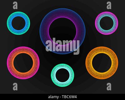 3d circle neon set. Big data visualization. Abstract gradient ring. Futuristic round shapes collection. Cyber design with bright elements. Modern busi Stock Vector