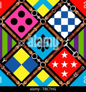 Seamless pattern jockey uniform. Traditional design. Silk. Harness, bridle, harness, belt. Horse racing. Vector illustration Stock Vector