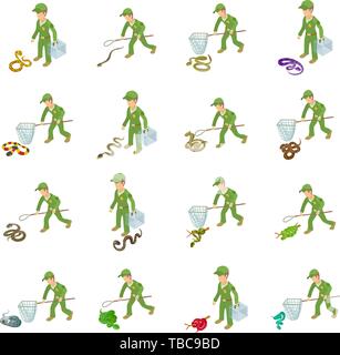 Catching snake icons set, isometric style Stock Vector