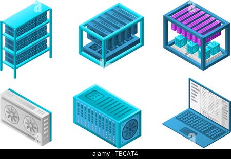 Mining farm bitcoin icons set, isometric style Stock Vector