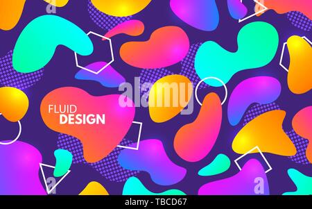 Color shapes. Plastic and geometric elements. Colorful gradients on cool backdrop. Modern design template. Liquid poster and fluid shapes. Abstract ba Stock Vector
