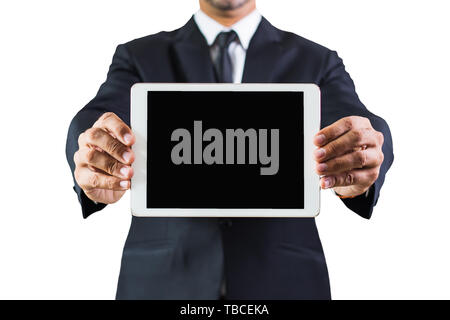 Close up image of business man holding a digital tablet . Stock Photo