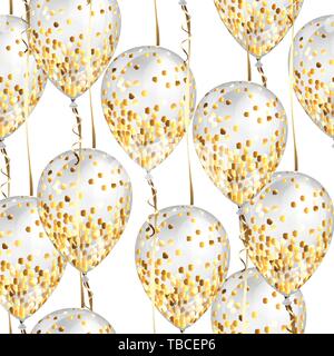 Seamless pattern with glossy white and gold shiny realistic 3D helium balloons with glitter and gold ribbon, perfect decoration for birthday party bro Stock Vector