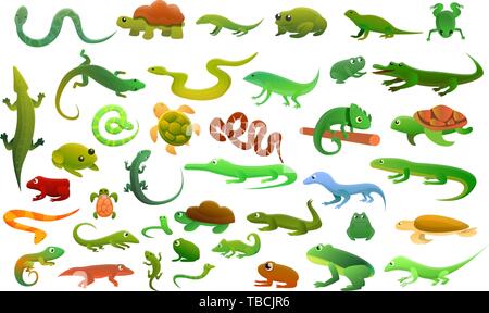 Reptiles amphibians icons set. Cartoon set of reptiles amphibians vector icons for web design Stock Vector