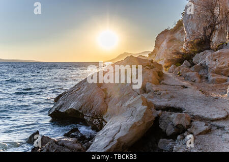 Sunset on the sea shore with rocks and pine. Stock Photo