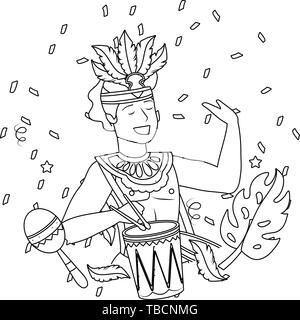 man with feather headdress drume and maracas celebrating