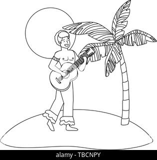 man with guitar celebrating brazil carnival on beach with palm and sun vector illustration editable Stock Vector