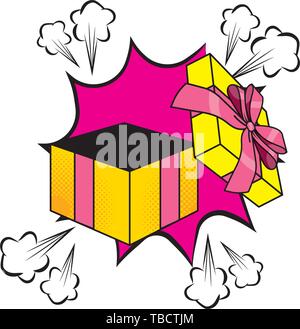 Pop art gift box open over explosion background cartoon vector illustration graphic design Stock Vector