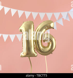 Happy 16th birthday party celebration gold balloon and bunting. 3D Render Stock Photo