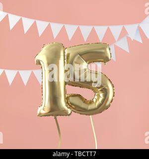Happy 15th birthday party celebration gold balloon and bunting. 3D Render Stock Photo