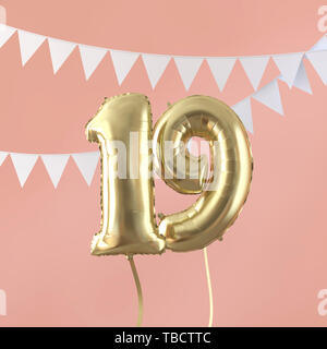 Happy 19th birthday party celebration gold balloon and bunting. 3D Render Stock Photo