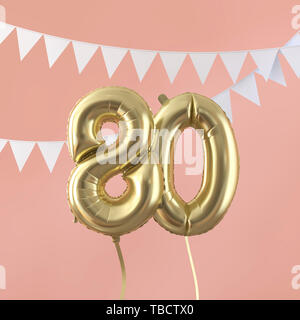 Happy 80th birthday party celebration gold balloon and bunting. 3D Render Stock Photo