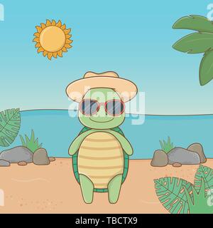 cute animal turtle enjoying summer vacations, relax leisure outdoor cartoon vector illustration graphic design Stock Vector