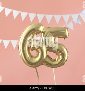 Happy 65th birthday party celebration gold balloon and bunting. 3D Render Stock Photo