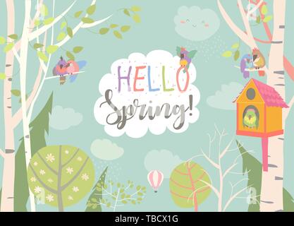 Cartoon frame with spring forest and birds Stock Vector