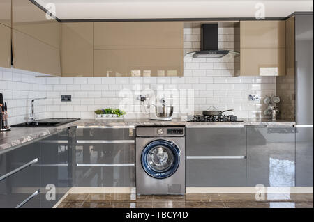 Luxury modern white, beige and grey kitchen interior Stock Photo