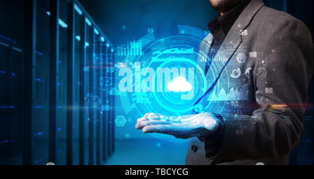 Man holding hologram projection displaying biometric security concept Stock Photo