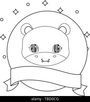 head of cute hippopotamus in frame circular with ribbon vector illustration design Stock Vector