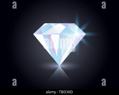 Diamond on dark background. Shining gemstone isolated on black. Realistic colorful jewel. Luxury element for magazine, advertisement, poster. Color ge Stock Vector