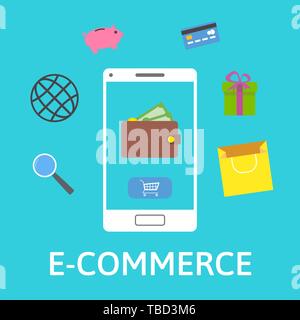 E-commerce concept. Online wallet. Smartphone with shopping icons. Online payment. Flat design vector illustration on blue background. Stock Vector