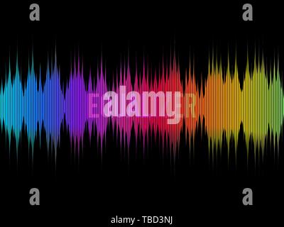 Colorful equalizer on dark background. Rainbow waves. Color music concept. Waveform design. Visualization of sound. Vector illustration. Stock Vector