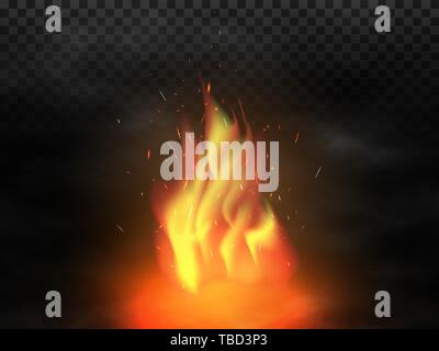 Bonfire and smoke. Realistic campfire with fire sparks. Glowing particles flying up on transparent background. Red and yellow light effect. Vector ill Stock Vector