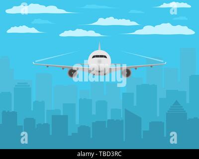 Plane in front of city silhouette. Realistic airplane and city background. Aircraft flying over big city. Blue sky and clouds. Vector illustration. Stock Vector