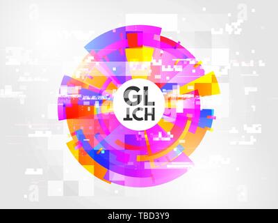 Glitch circle abstract. Design element with glitched lines noise. Modern round glitch with color distortions. Trendy effect for banners, posters, flye Stock Vector