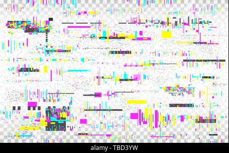 Glitch vhs background. Color distortions on transparent backdrop. Digital abstract noise. Glitched texture. Television no signal. Video error template Stock Vector