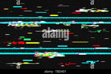 Glitch distortion template. VHS background with glitched color lines. Abstract pixel noise with rewind effect. HDTV no signal. TV problems. Vector ill Stock Vector