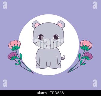 cute hippopotamus in frame circular with flowers vector illustration design Stock Vector