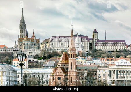 Church of St. Matthias ,Fisherman's Bastion,Calvinist Church shore view's of the Danube .Budapest.Hungary Stock Photo