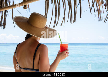 Rear View Of Woman Wearing Hat Holding Glass Of Juice In Hand Looking At Sea Stock Photo