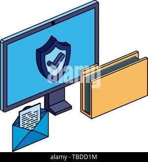 computer monitor with folder and envelope Stock Vector