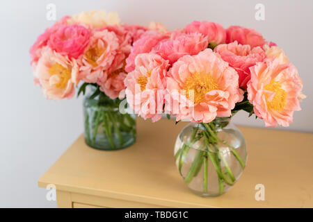 Cozy and atmosphere at home. Two glass vases with Coral peonies. Morning light in the room. Beautiful peony flower for catalog or online store. Floral Stock Photo