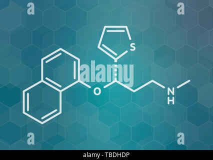 Duloxetine antidepressant drug (SNRI class) molecule. Also used in fibromyalgia treatment, etc. White skeletal formula on dark teal gradient background with hexagonal pattern. Stock Photo