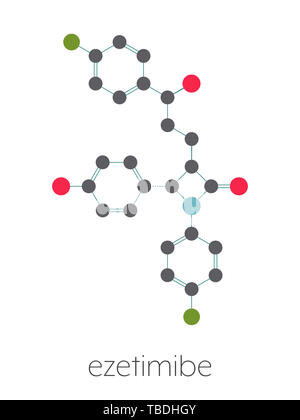 Ezetimibe cholesterol-lowering drug molecule. Stylized skeletal formula (chemical structure). Atoms are shown as color-coded circles connected by thin bonds, on a white background: hydrogen (hidden), carbon (grey), oxygen (red), nitrogen (blue), fluorine (green). Stock Photo