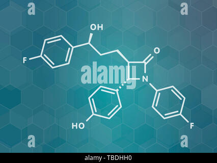 Ezetimibe cholesterol-lowering drug molecule. White skeletal formula on dark teal gradient background with hexagonal pattern. Stock Photo