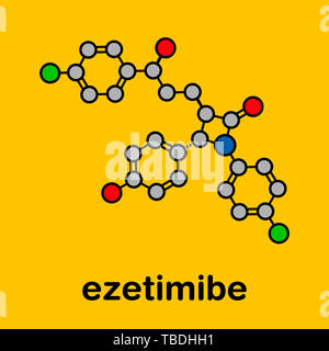 Ezetimibe cholesterol-lowering drug molecule. Stylized skeletal formula (chemical structure). Atoms are shown as color-coded circles with thick black outlines and bonds: hydrogen (hidden), carbon (grey), oxygen (red), nitrogen (blue), fluorine (green). Stock Photo