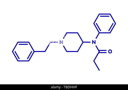 Fentanyl (fentanil) opioid analgesic drug, chemical structure. Conventional  skeletal formula and stylized representation, showing atoms (except  hydrogen) as color coded circles.