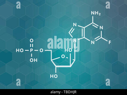 Fludarabine blood cancer drug molecule. White skeletal formula on dark teal gradient background with hexagonal pattern. Stock Photo