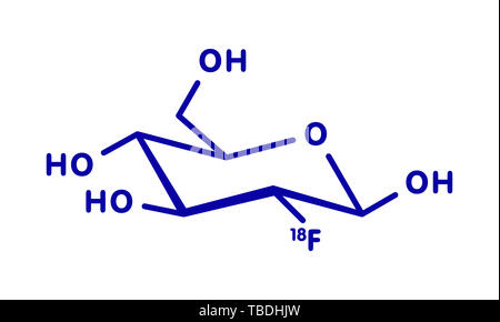 Fludeoxyglucose 18F (fluorodeoxyglucose 18F, FDG) cancer imaging diagnostic drug molecule. Contains radioactive isotope fluorine-18. Blue skeletal formula on white background. Stock Photo