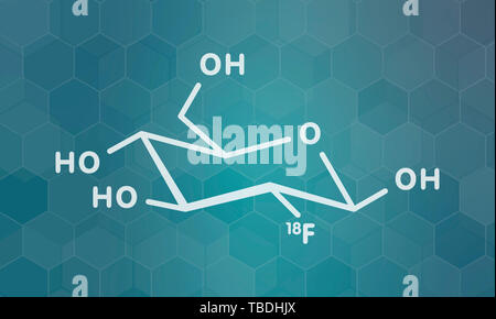 Fludeoxyglucose 18F (fluorodeoxyglucose 18F, FDG) cancer imaging diagnostic drug molecule. Contains radioactive isotope fluorine-18. White skeletal formula on dark teal gradient background with hexagonal pattern. Stock Photo